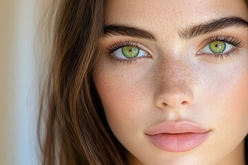 Poster - A close-up of a serene woman face illuminated by soft natural light, with delicate freckles and warm undertones