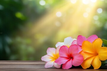 Aufkleber - A colorful arrangement of exotic flowers on a wooden table, with soft morning light streaming through a nearby window