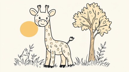 Naklejka na meble Cute cartoon giraffe standing in a grassy field with a tree and a sun.