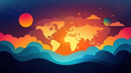 Wall Mural - a colorful painting of the world with a blue ocean and orange sky