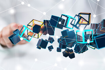 Poster - Neural network 3D illustration. Big data and cybersecurity