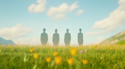 Wall Mural - Silhouettes in Wildflower Field Contemplative Nature and Ethereal Landscape