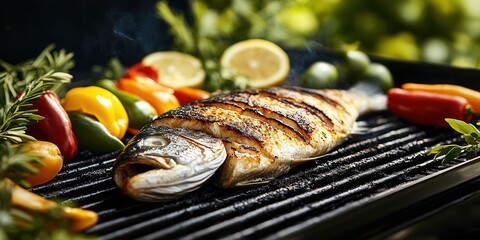 Wall Mural - Grilled fish with fresh vegetables and lemon garnishes on a barbecue grill in a garden setting during a sunny day