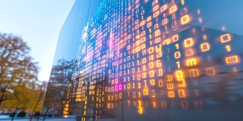 Poster - Reflective Urban Facade with Digital Code Projections Depicting Cybersecurity
