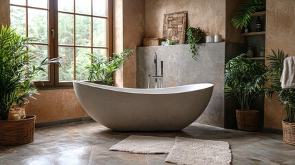Poster - A large bathtub is surrounded by potted plants and a rug