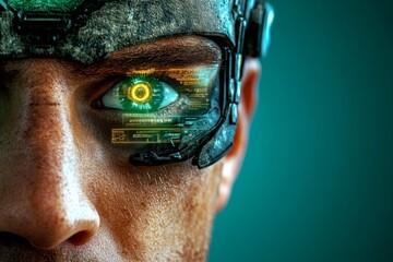 Poster - A futuristic face with glowing cybernetic implants and holographic displays projecting data around it