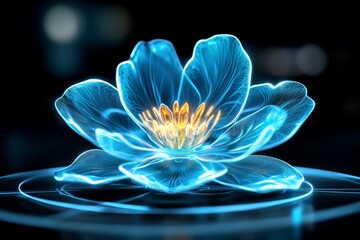 Poster - A futuristic glowing flower made of translucent, metallic petals, with holographic light beams radiating from its core in a dark, ethereal setting