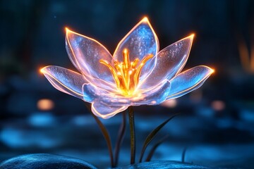 Aufkleber - A futuristic glowing flower made of translucent, metallic petals, with holographic light beams radiating from its core in a dark, ethereal setting