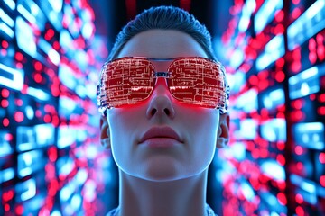 Aufkleber - A futuristic scene of a person surrounded by holographic screens displaying warnings, their face frozen in fear as glowing red lights surround them