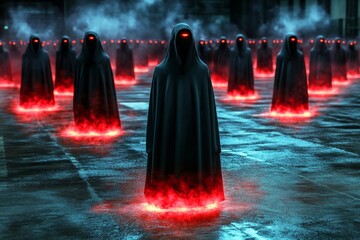 Poster - A gothic depiction of a dark ritual with glowing red fire illuminating shadowy figures in cloaks