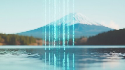 Aufkleber - Mount Fuji with Digital Data Streams Over Lake Surface at Daytime