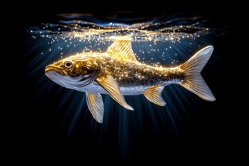 Poster - A magical underwater scene with a glowing, mythical fish adorned with iridescent fins and sparkling scales, surrounded by ethereal light