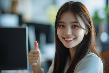 Aufkleber - Smiling businesswoman showing thumbs up working in modern office