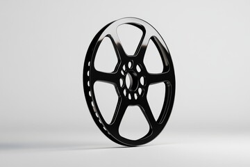 Poster - A minimalist illustration of a film reel with stylized curves and clean lines, rendered in monochrome on a plain white background