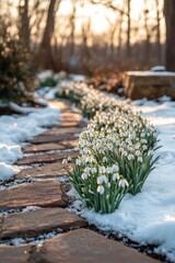 Wall Mural - Snowdrops blooming along stone path in winter garden at sunset