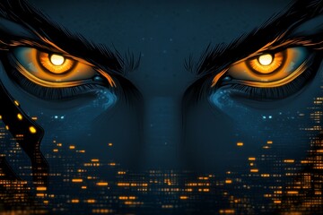 Poster - A pixel art depiction of a face with animated blinking eyes, set in a retro-style 8-bit video game world
