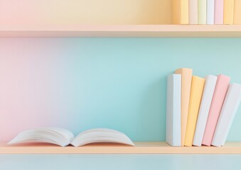 Poster - Pastel Bookshelf with Open Book A Dreamlike Study Atmosphere