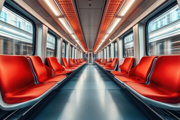 Aufkleber - Empty modern subway car with red seats moving fast