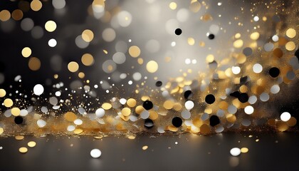 Wall Mural - Festive black gold silver and white confetti celebration background with a shallow depth of field