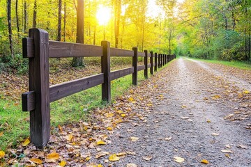 Aufkleber - A split-rail fence running alongside a dirt path through a forest in autumn, surrounded by fallen leaves and golden light