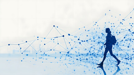 Aufkleber - A silhouette of a person walking amidst a network of interconnected blue dots, symbolizing technology and connectivity in a digital world