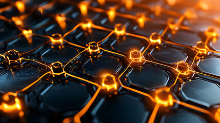 Aufkleber - A vibrant, abstract representation of interconnected hexagonal patterns illuminated by glowing orange nodes against a dark background