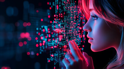 Poster - A digital portrait of a woman interacting with flowing data streams, highlighted by vibrant pink and blue colors, suggesting a connection to technology and innovation