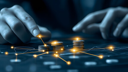 Poster - A hand interacts with digital coins on a screen, highlighting financial growth and technology's role in modern investments