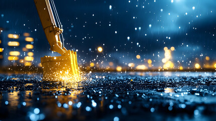 Poster - A close-up shot of a brush creating splashes in the rain-soaked street at night, illuminated by distant city lights