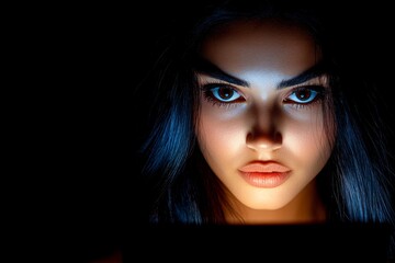 Aufkleber - A woman face illuminated by a glowing phone screen in a dark room, reflecting her intense focus
