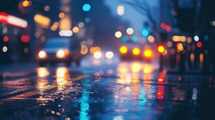 Wall Mural - Rainy night city street, blurred lights reflecting on wet pavement.