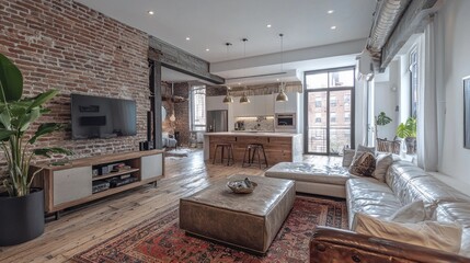 Poster - A large living room with a white couch, a brown ottoman