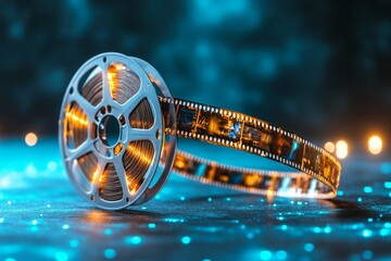 Poster - An ultra-detailed close-up of a filmstrip held up to the light, showing vivid frames of a movie and intricate textures on the film material