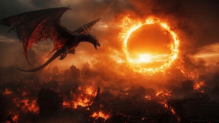 Wall Mural - a dragon is flying over a city that is on fire