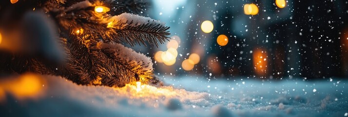 Poster - Snow falling on christmas tree lights at night