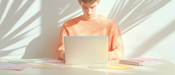 Poster - Minimalist Study Scene Student with Flashcards and Laptop in Soft Sunlit Moment