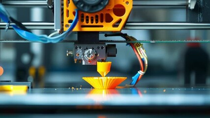 Poster - 3d printer building an orange prototype layer by layer. The printer head is moving precisely, extruding molten plastic to create the object