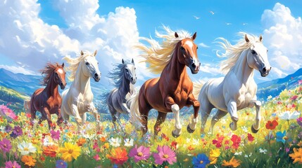 Wall Mural - horses running through flower field with mountains and blue sky