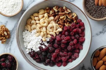 Wall Mural - Ingredients for baking being combined in mixing bowl including nuts, berries, coconut flakes and flour