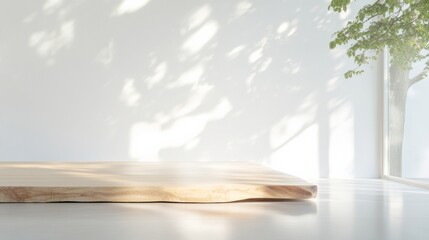 Poster - Minimalist Interior with Natural Light Reflecting on a Wooden Table in a Serene Space