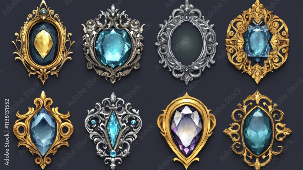 Silver and golden vintage game frames, ui medieval borders of gold or ...