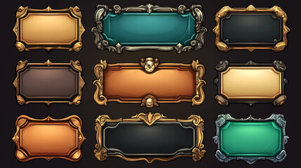 Frames medieval game ui. Empty rectangle frames in old style, interface elements. Metallic banners or decorative borders. cartoon set of blank rectangle buttons