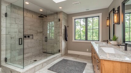 Poster - A bathroom with a large glass shower stall and a sink