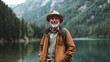 © Adi - Happy older man standing in nature park enjoying natural park landscape. Smiling mature active traveler exploring camping tourism nature lake and mountains travel journey feeling freedom, with copy sp