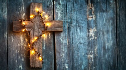 Poster - Wooden Cross with Warm Lights Against Rustic Wooden Background
