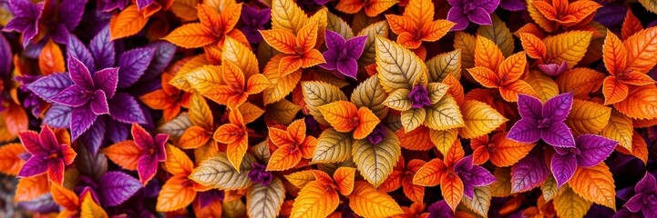 Wall Mural - Pattern of dry orange metallic leaves on violet background, color, plant, purple