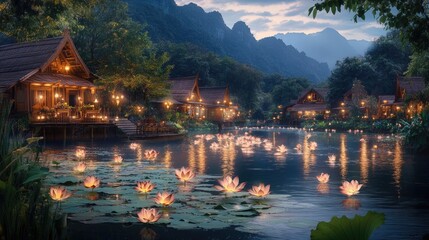 Beautiful lotus flowers float on the river at night, illuminated by lanterns in an ancient village with wooden houses.