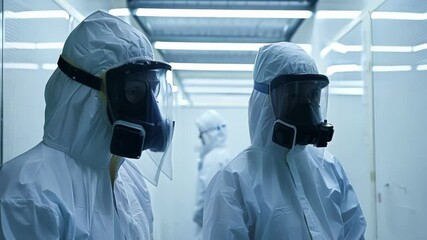 Poster - Two engineers in hazmat suits walk through a modern industrial facility, discussing their work and collaborating on innovative projects in a safe, sterile environment