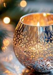 Aufkleber - Elegant Chrome Candle Holder Reflecting Holiday Lights in Macro Detail