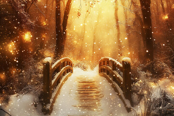 Wall Mural - a rustic wooden bridge stretches across the snow-blanketed landscape, guiding the way into a magical
